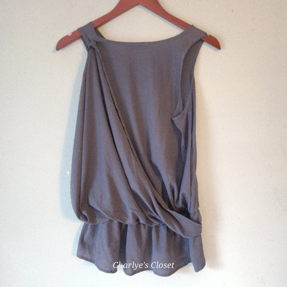 Akira Gray Draped Crossover Peplum Sleeveless Top L Office Cocktail Made in USA